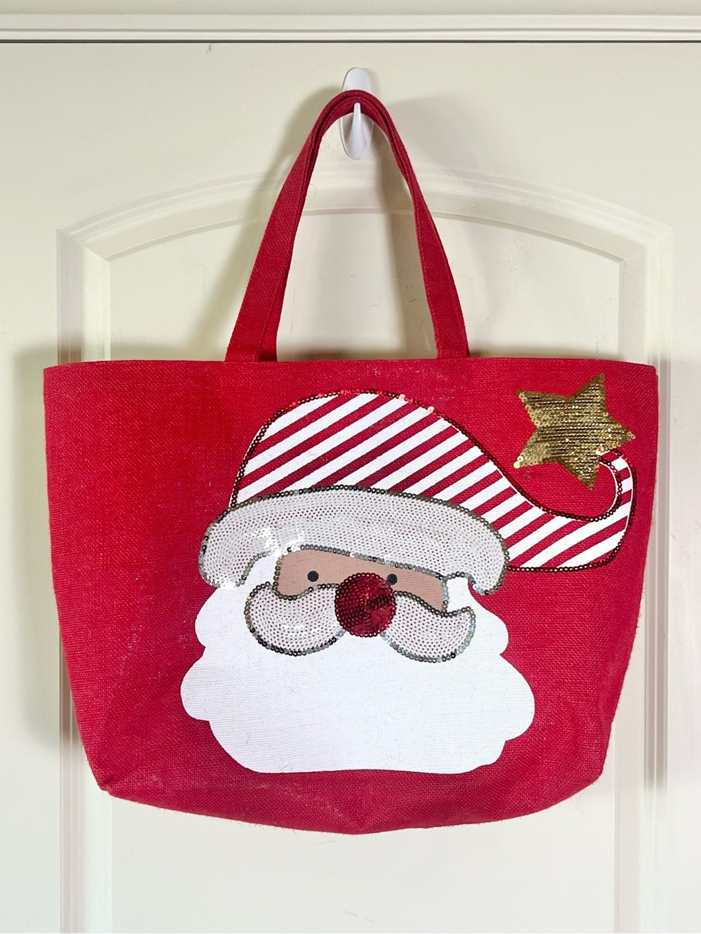 Hobby Lobby Sequin Santa Jute Tote Bag Christmas Holiday Red